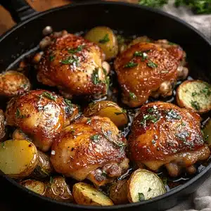 Juicy roasted chicken thighs with golden potatoes in skillet