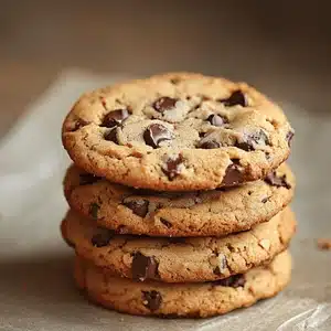  Stack of homemade chocolate chip cookies on parchment