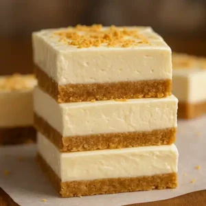 Stacked no-bake cheesecake bars with graham cracker crust and creamy vanilla filling