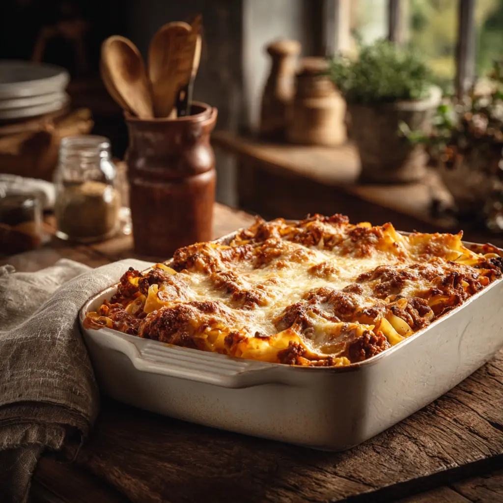 Freshly baked poor man husband casserole in a ceramic dish with golden