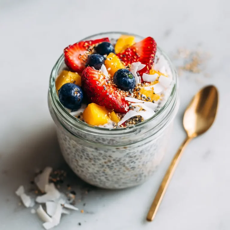 Chia pudding coconut milk in a jar topped with fresh strawberries, blueberries, mango, and shredded coconut