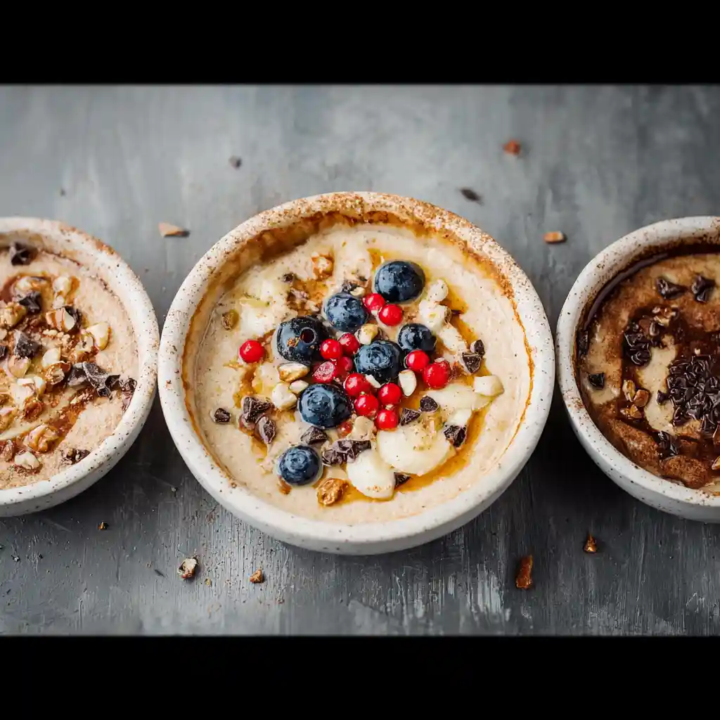 Three variations of high protein pancake bowl topped with Greek yogurt, berries, nuts, and chocolate