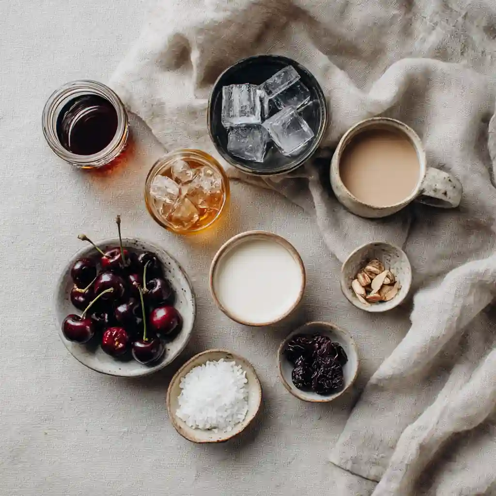 Ingredients for iced cherry chai latte on a linen backdrop