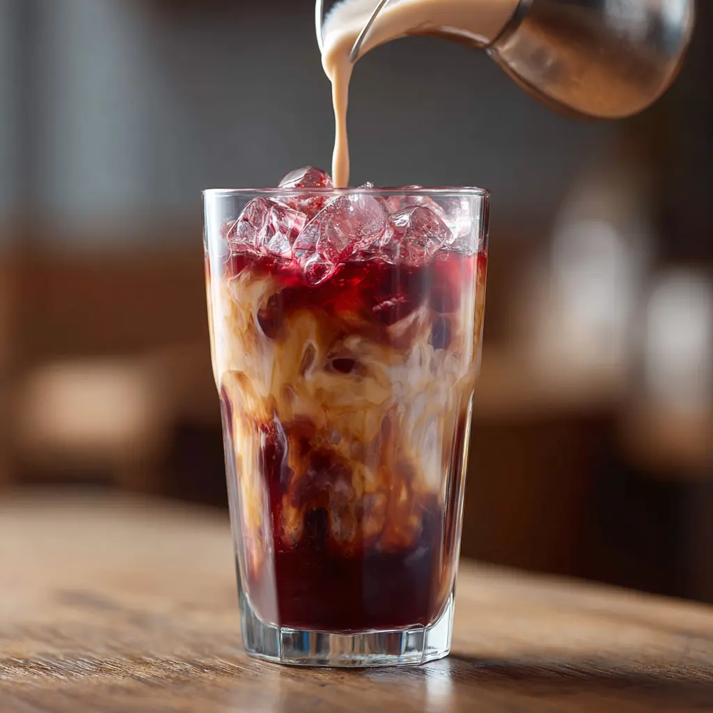 Pouring iced cherry chai latte into a glass with ice