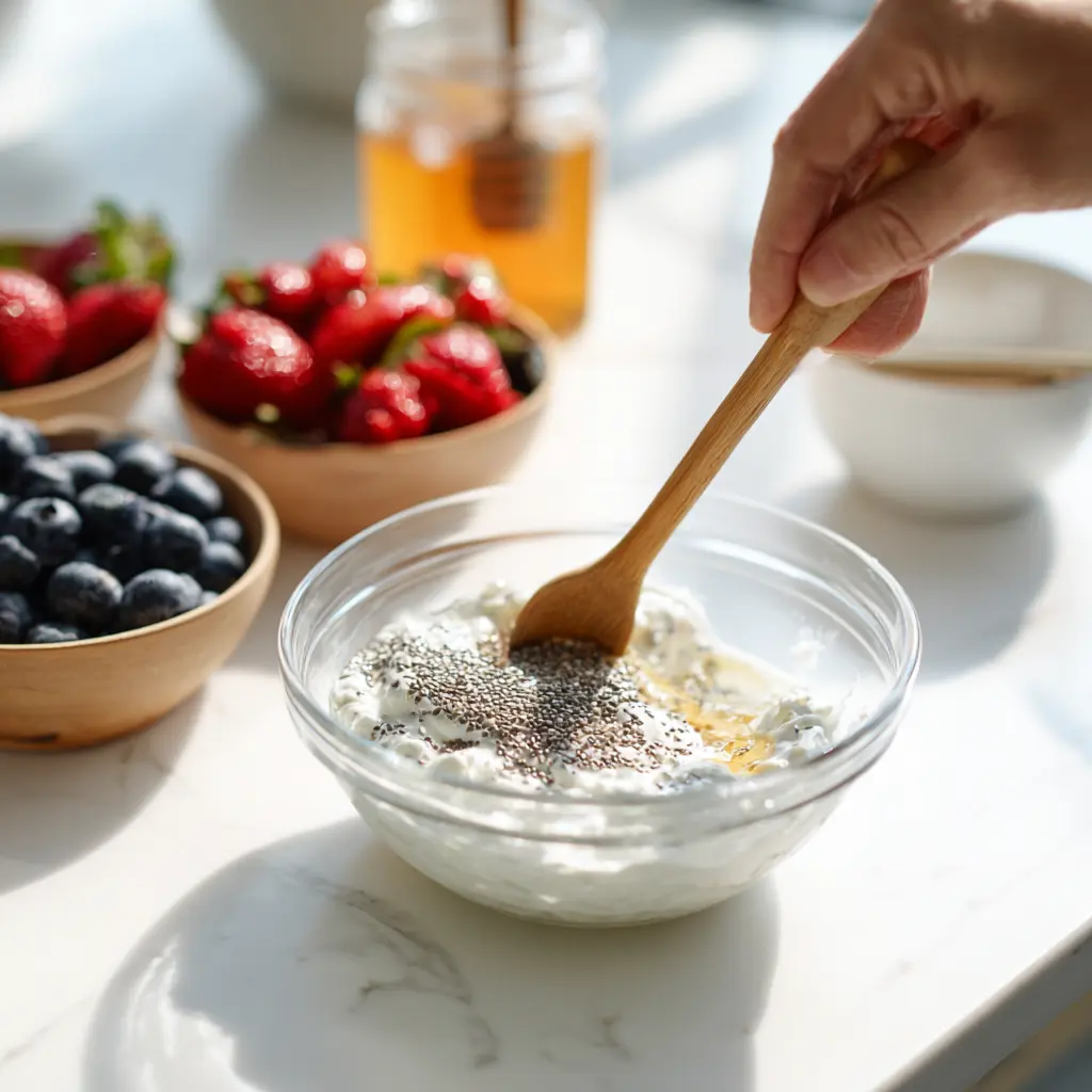 mixing chia seeds with yogurt for overnight chia pudding