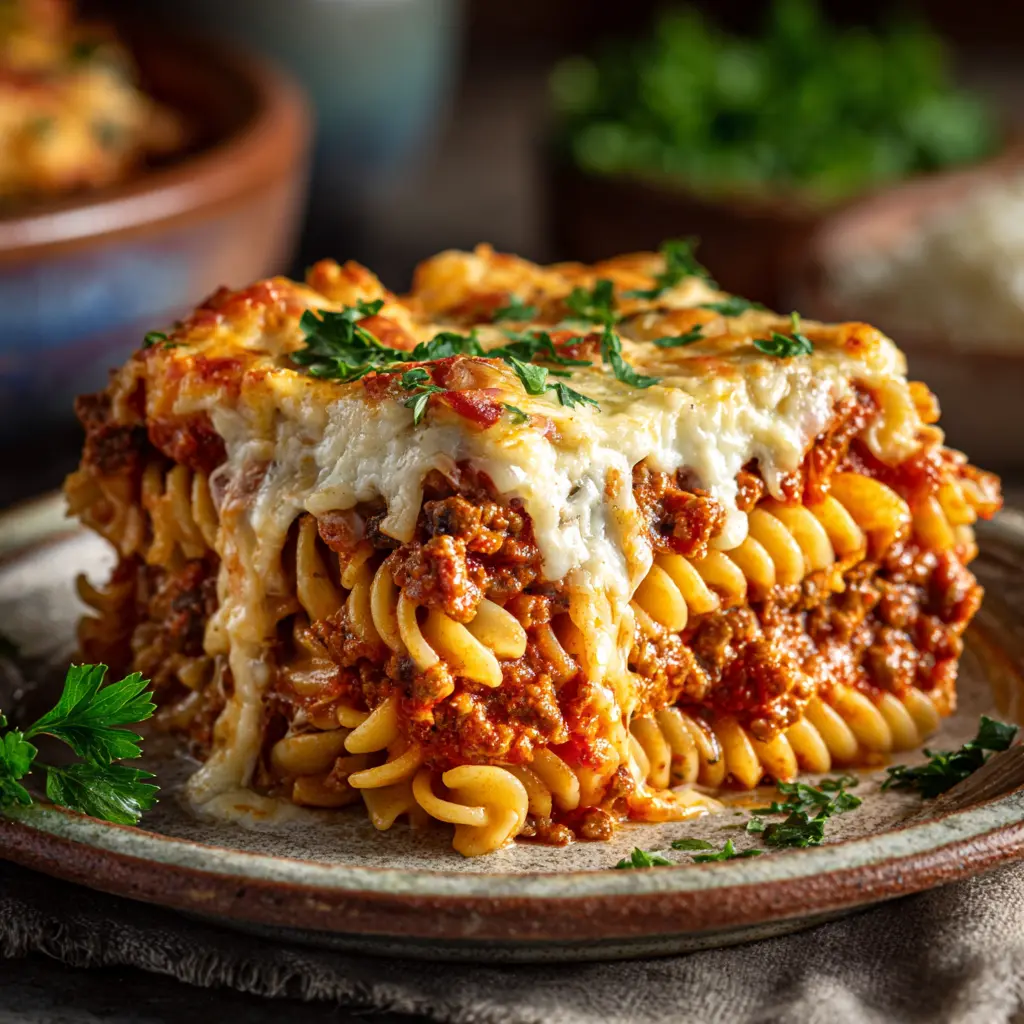 Plated slice of poor man husband casserole with pasta layers, cheese, and tomato meat filling