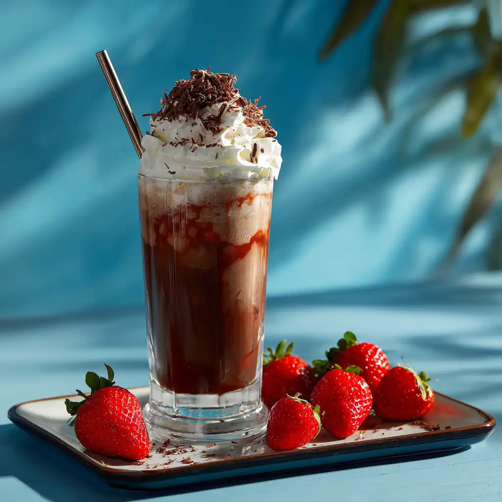 Served vanilla chocolate strawberry drink with toppings