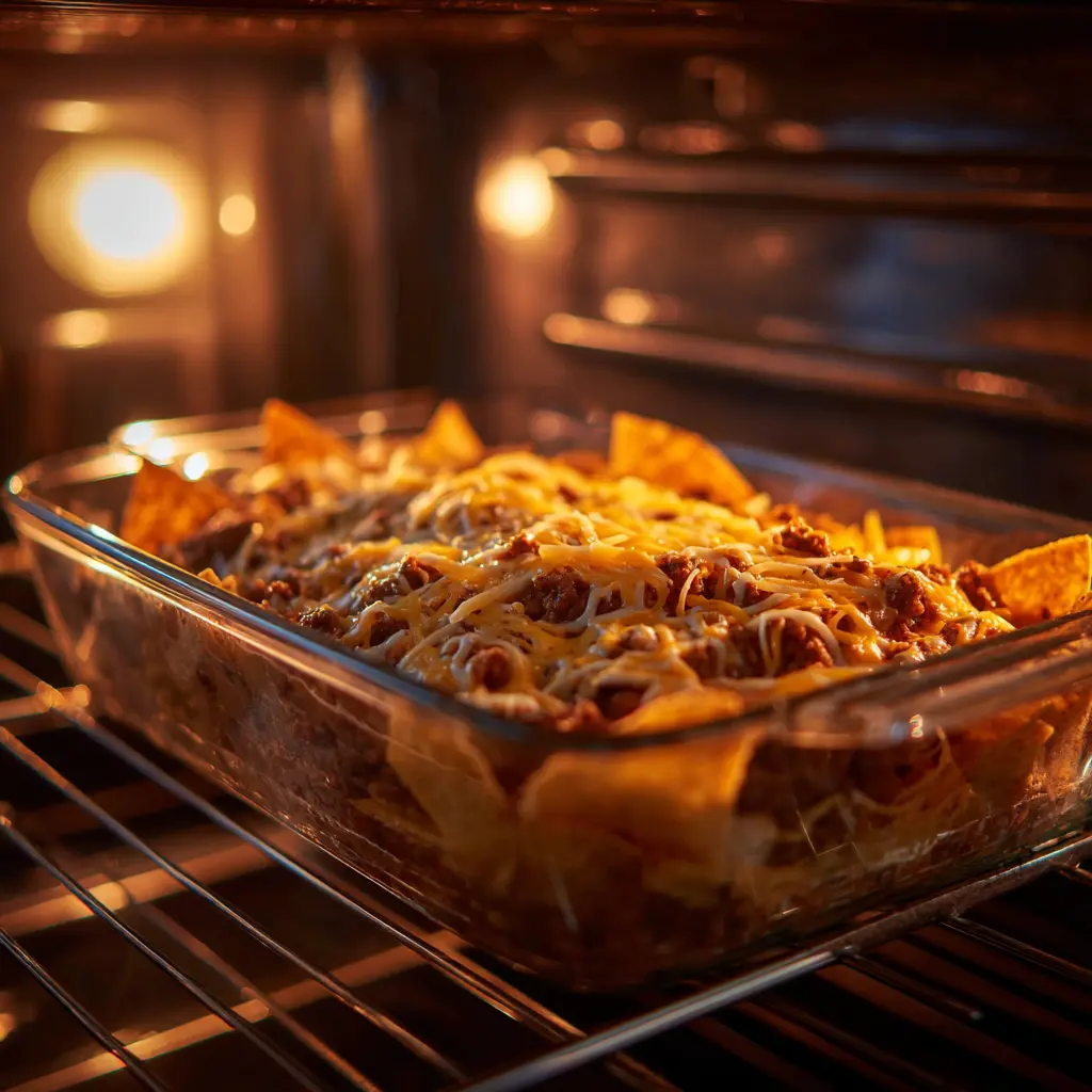 Taco salad casserole baking in oven