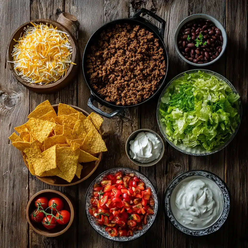 taco salad casserole ingredients flat lay