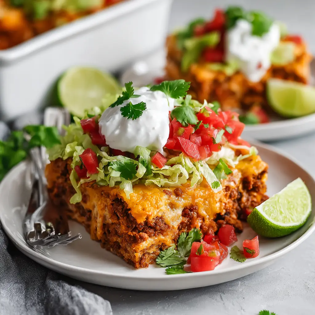 Serving of taco salad casserole with toppings