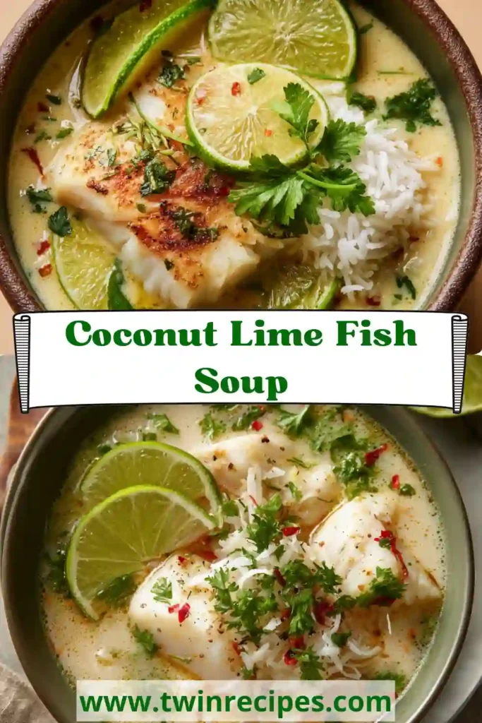 Coconut lime fish soup served in a bowl with cilantro garnish.