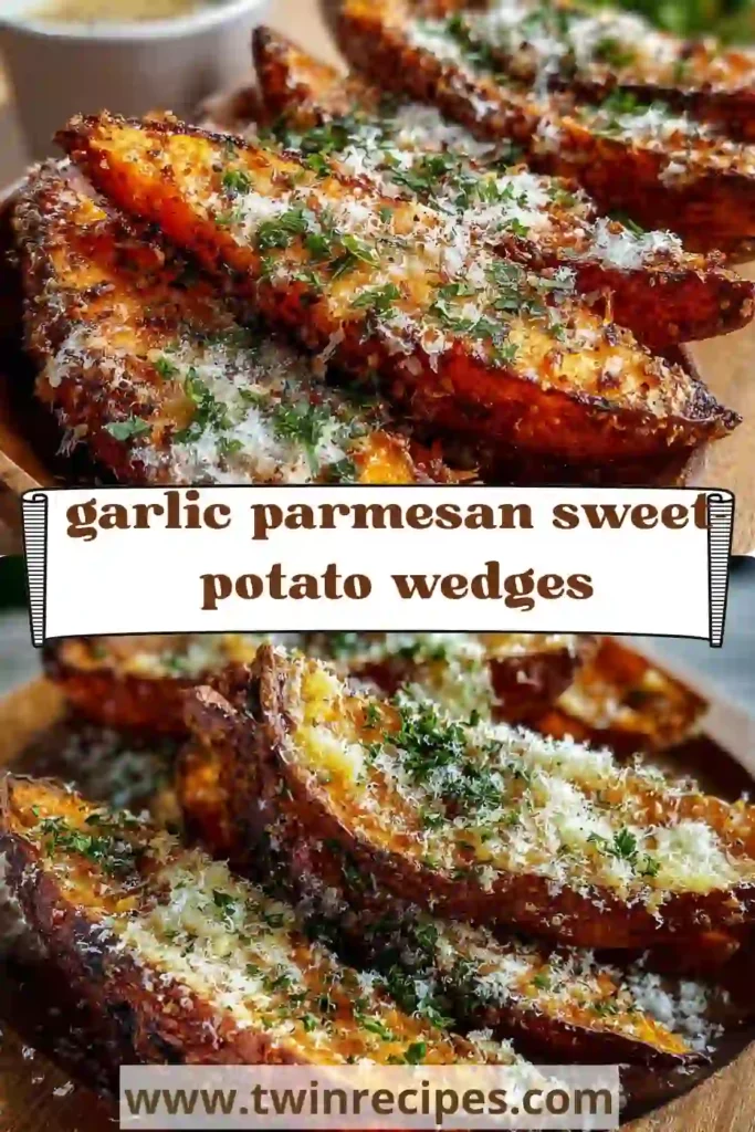 Crispy garlic parmesan sweet potato wedges roasted to perfection with garlic, Parmesan cheese, and herbs.