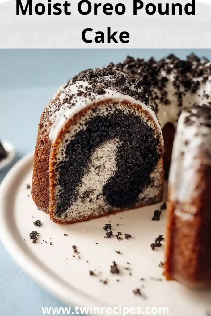 Overhead view of Oreo cookies and cream pound cake on a platter.