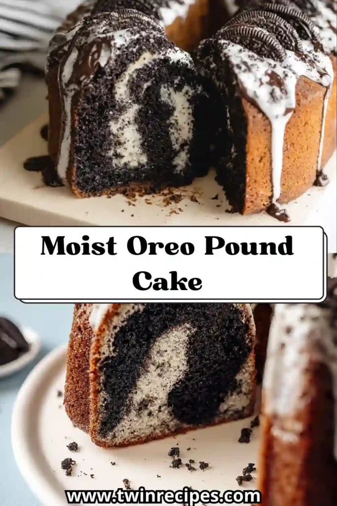 Close-up of moist Oreo pound cake slice with visible Oreo chunks.