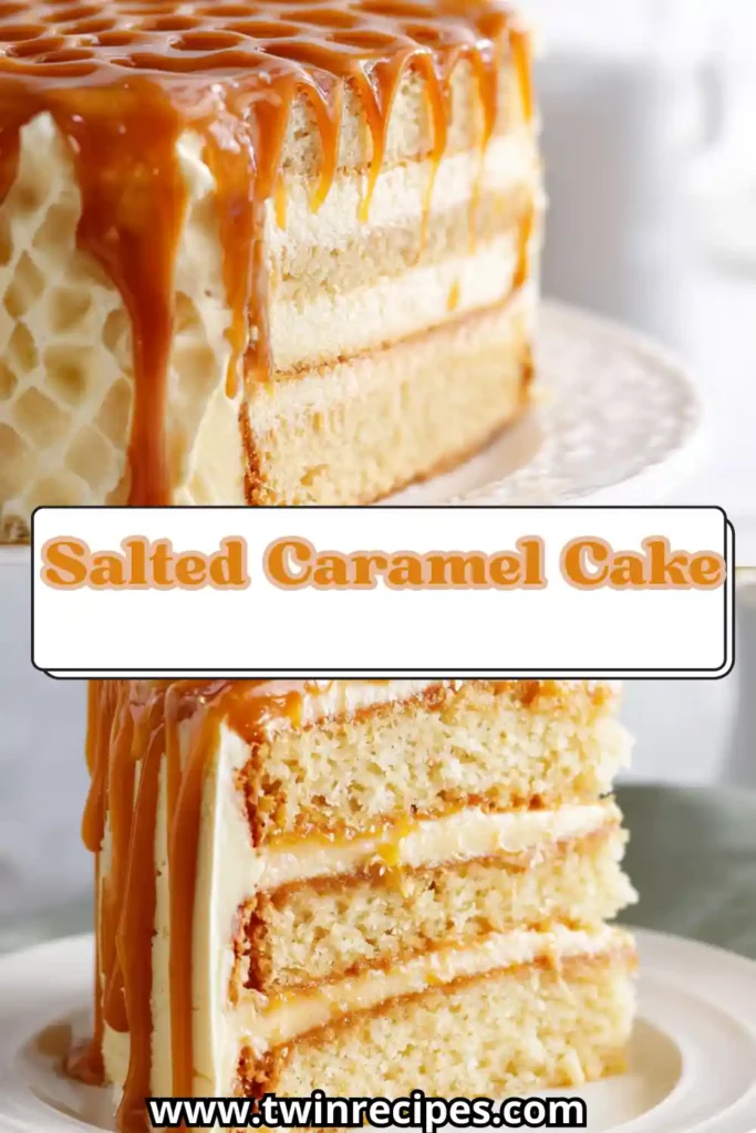A decadent caramel cake drizzled with golden caramel sauce and topped with flaky sea salt.