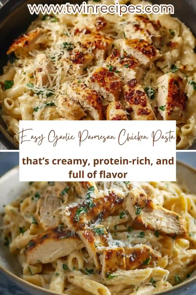 Whole wheat pasta with chicken and creamy garlic Parmesan sauce.