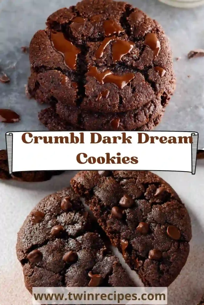 Double chocolate Crumbl Dark Dream Cookies stacked on a cooling rack.