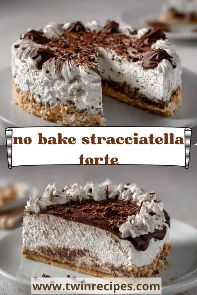 Close-up of stracciatella torte slice showing rich cream filling with chocolate flakes.