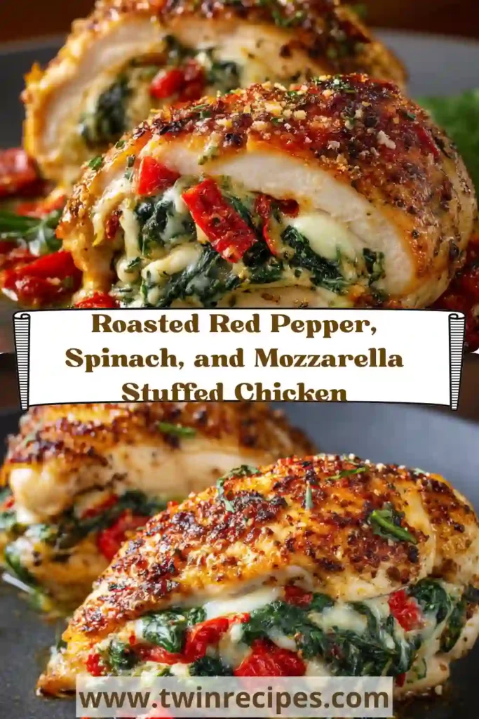 Juicy chicken breast stuffed with roasted red peppers, spinach, and melted mozzarella, sliced to show colorful layers.