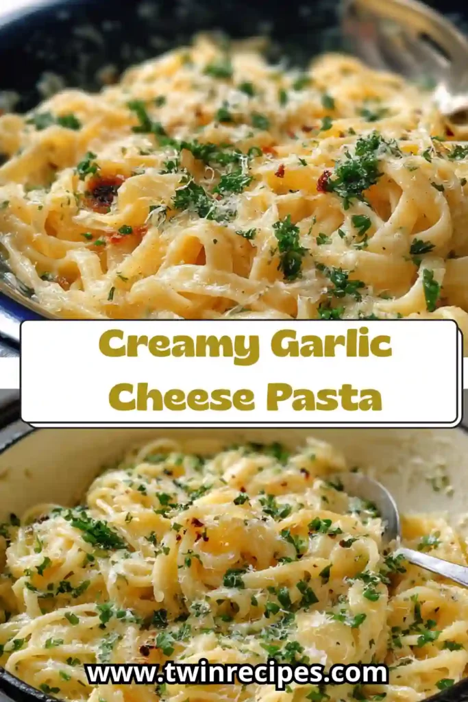 Creamy one pot garlic cheese pasta in a pan topped with parsley and Parmesan.