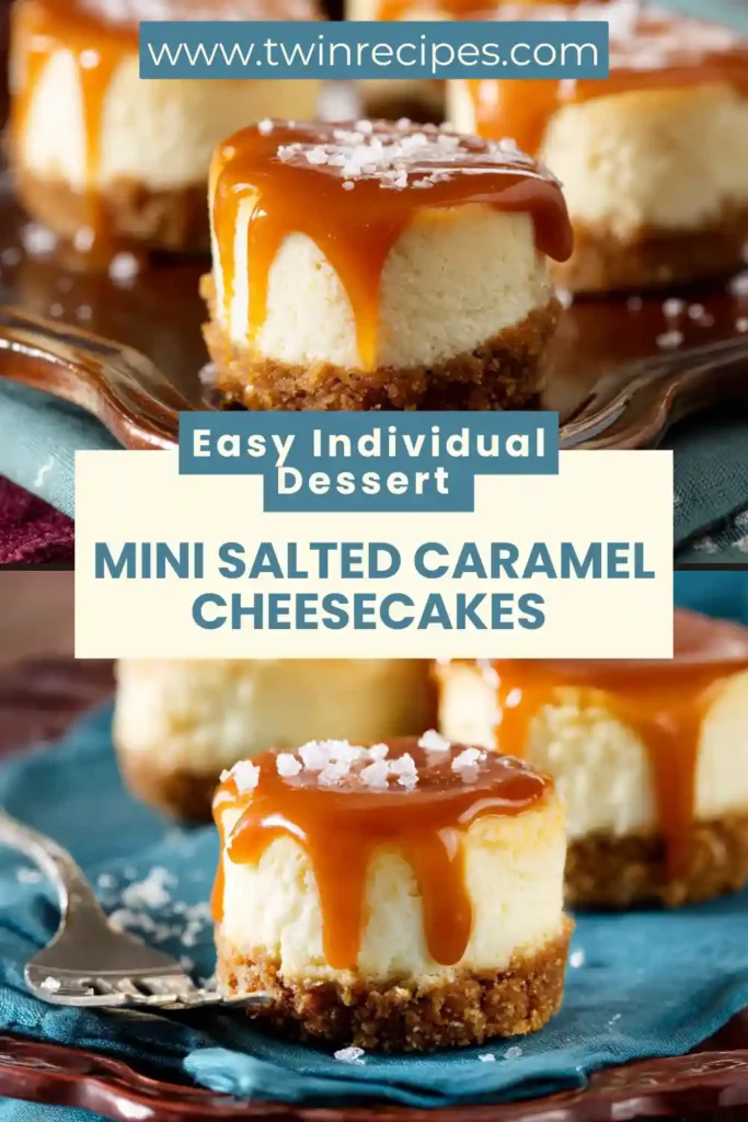 Individual caramel cheesecakes served on a white plate for parties.