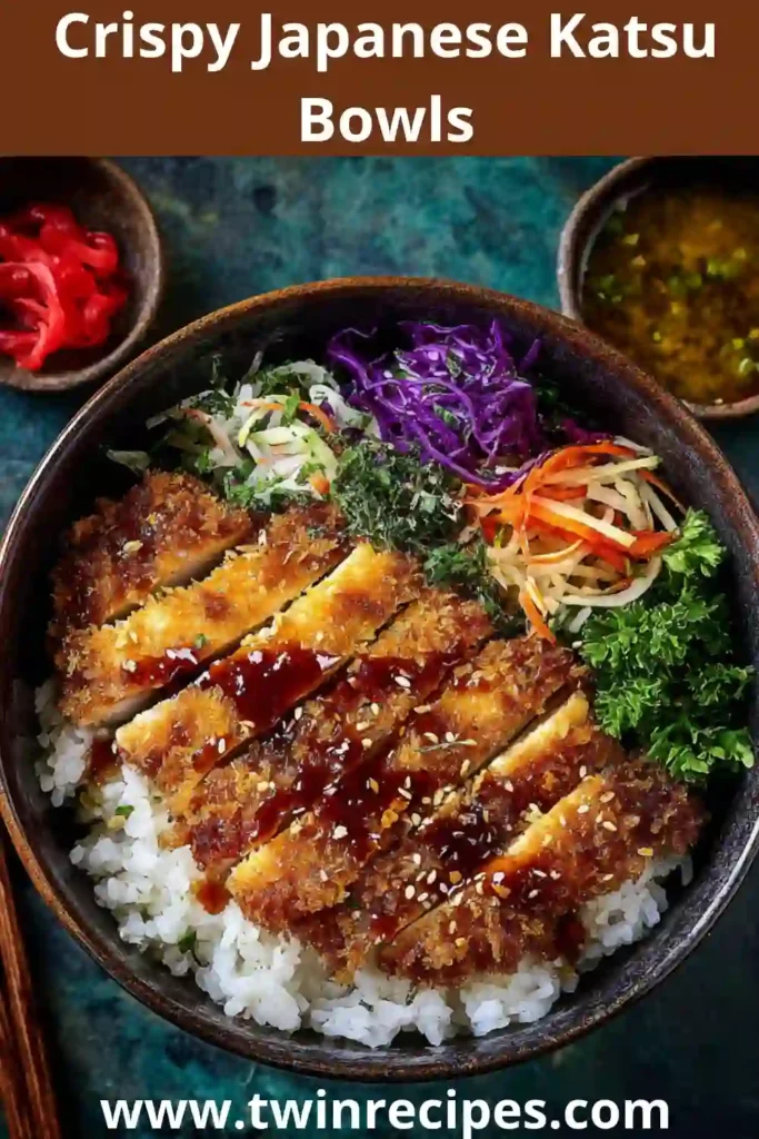 Crispy Japanese katsu bowls with golden cutlets over rice, drizzled with tonkatsu sauce.