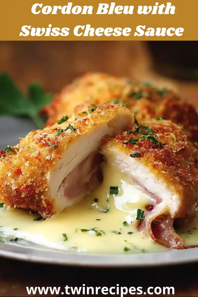 Baked chicken cordon bleu on a plate with Swiss cheese sauce and parsley garnish.