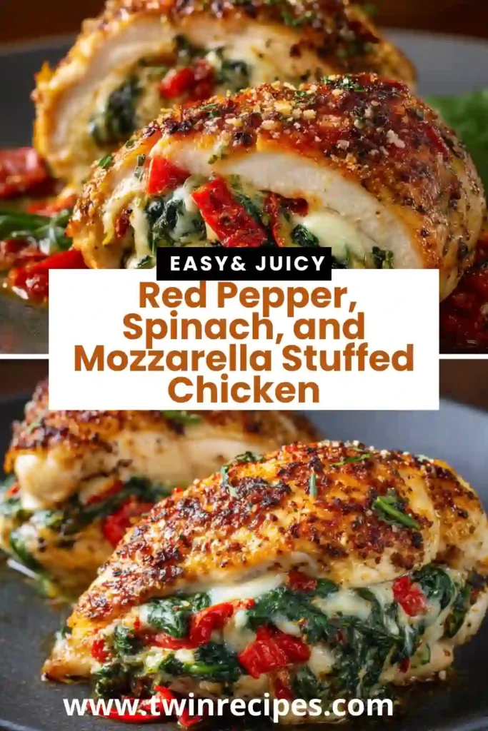 Roasted red pepper and spinach stuffed chicken baked to perfection with golden edges and melted cheese.