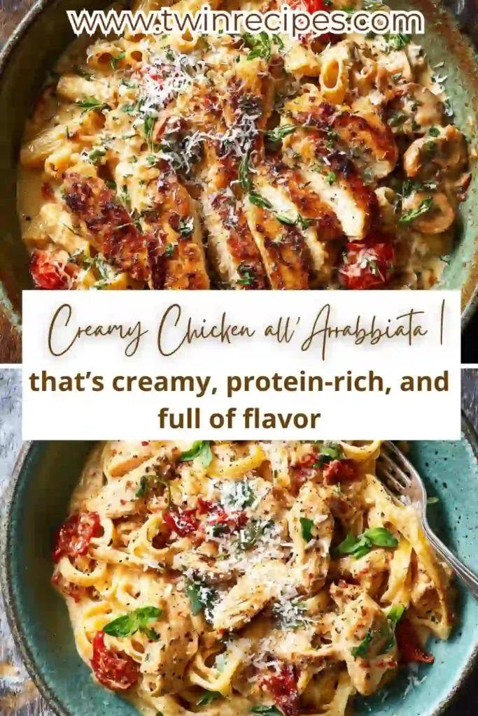 Close-up of creamy chicken arrabbiata pasta showing rich sauce and chili flakes.