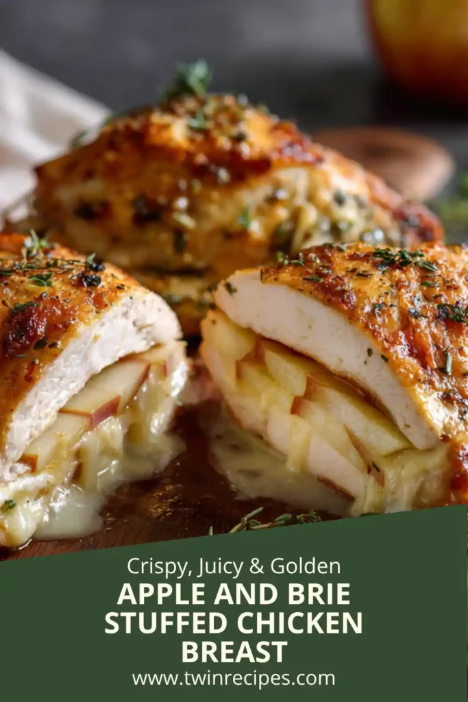 Apple and brie stuffed chicken breast sliced to show melted cheese and apples.