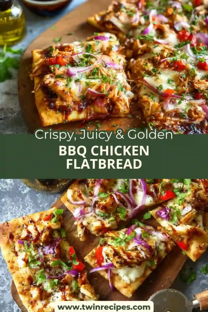 Close-up of cheesy BBQ chicken flatbread fresh from the oven.