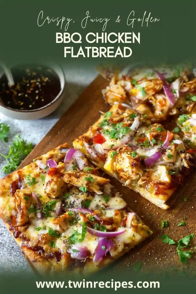 Sliced flatbread pizza with BBQ chicken and melted mozzarella.
