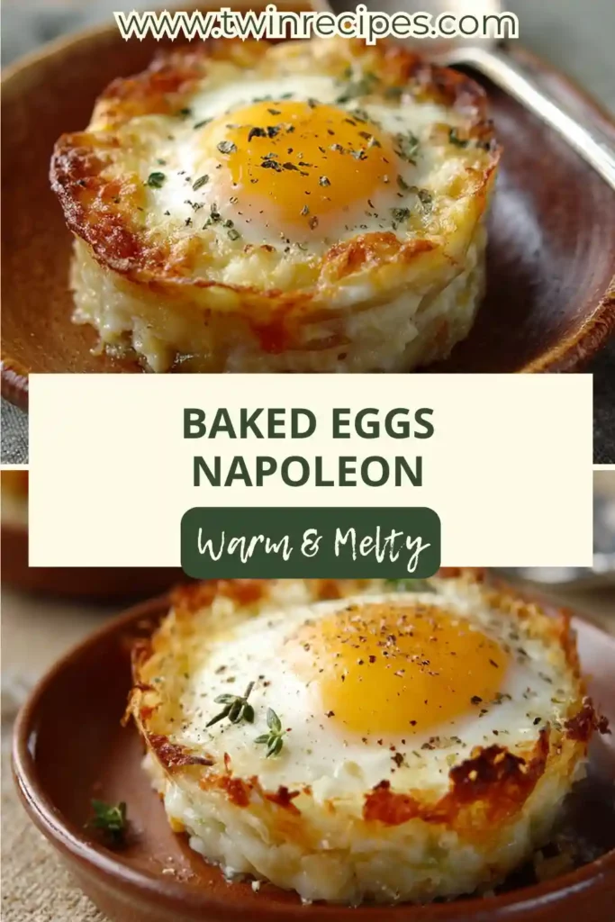 Elegant brunch plate with baked eggs and puff pastry layers.