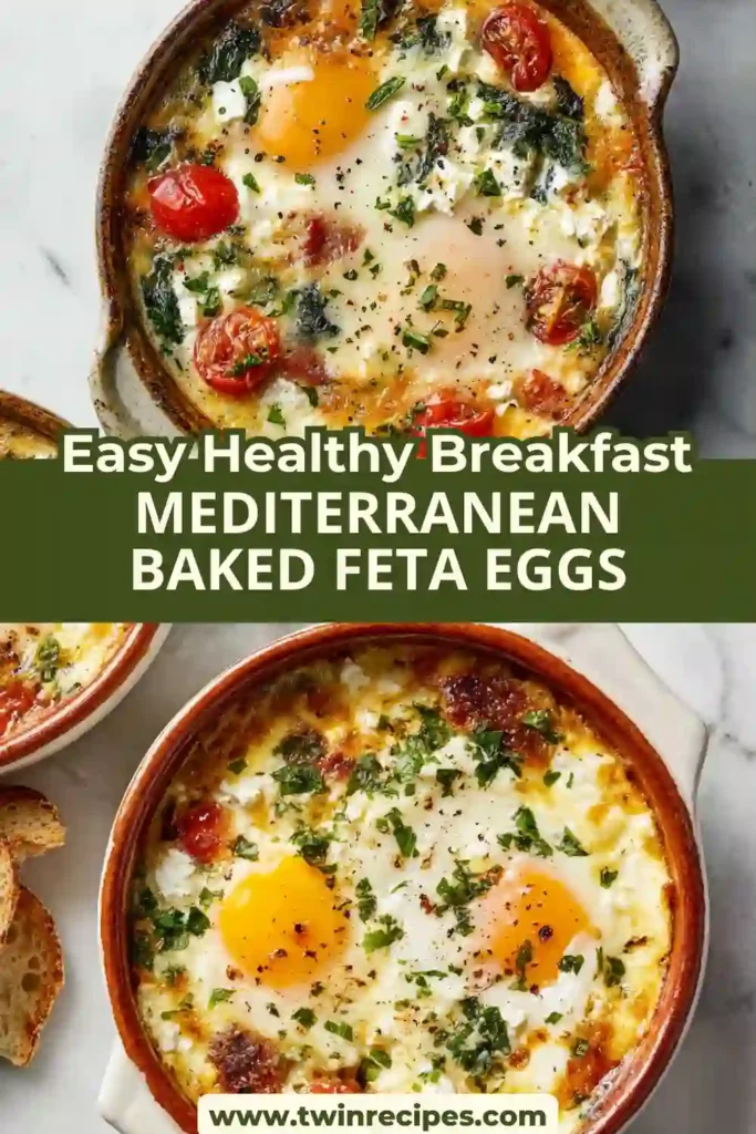 Creamy feta and tomato breakfast bake topped with eggs and parsley.