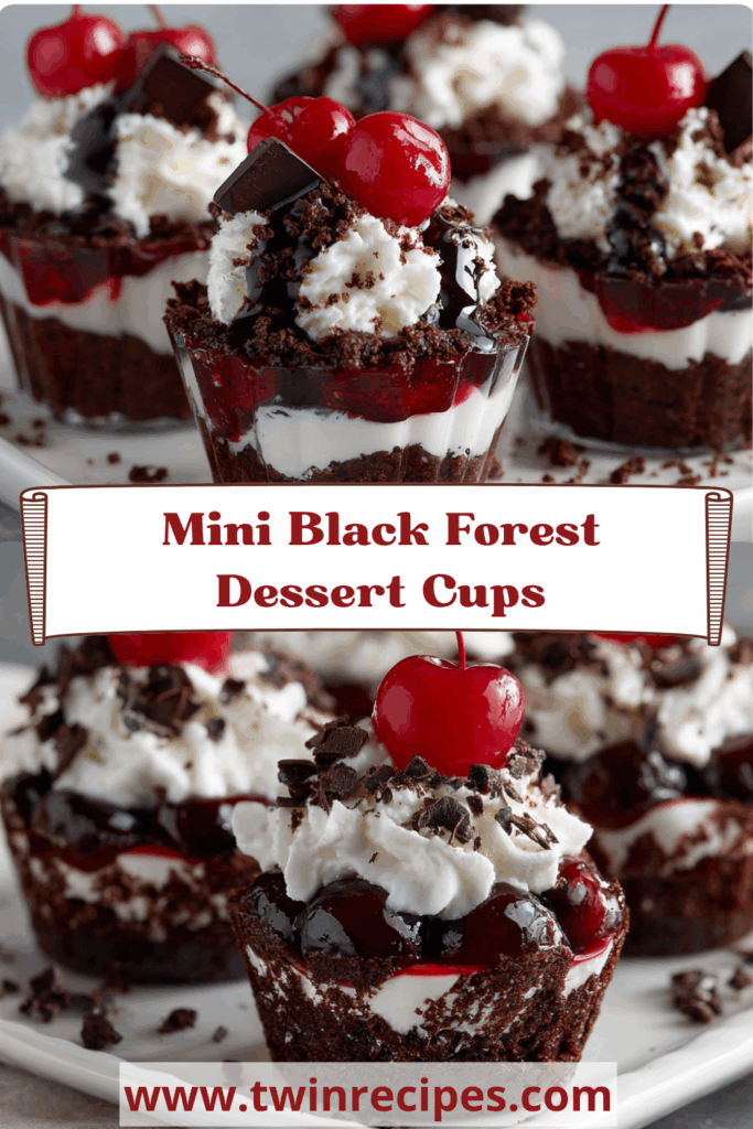 Individual no-bake dessert cups with layers of chocolate, cream, and cherry filling, ideal for serving at Christmas gatherings or celebrations.