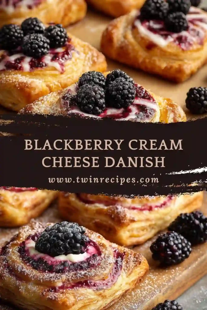 Homemade puff pastry Danish topped with blackberry filling and creamy cheese center.