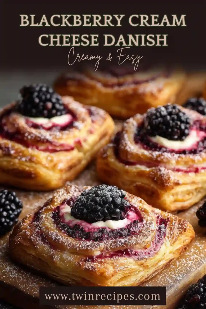 Close-up of flaky Danish pastry filled with cream cheese and blackberries.