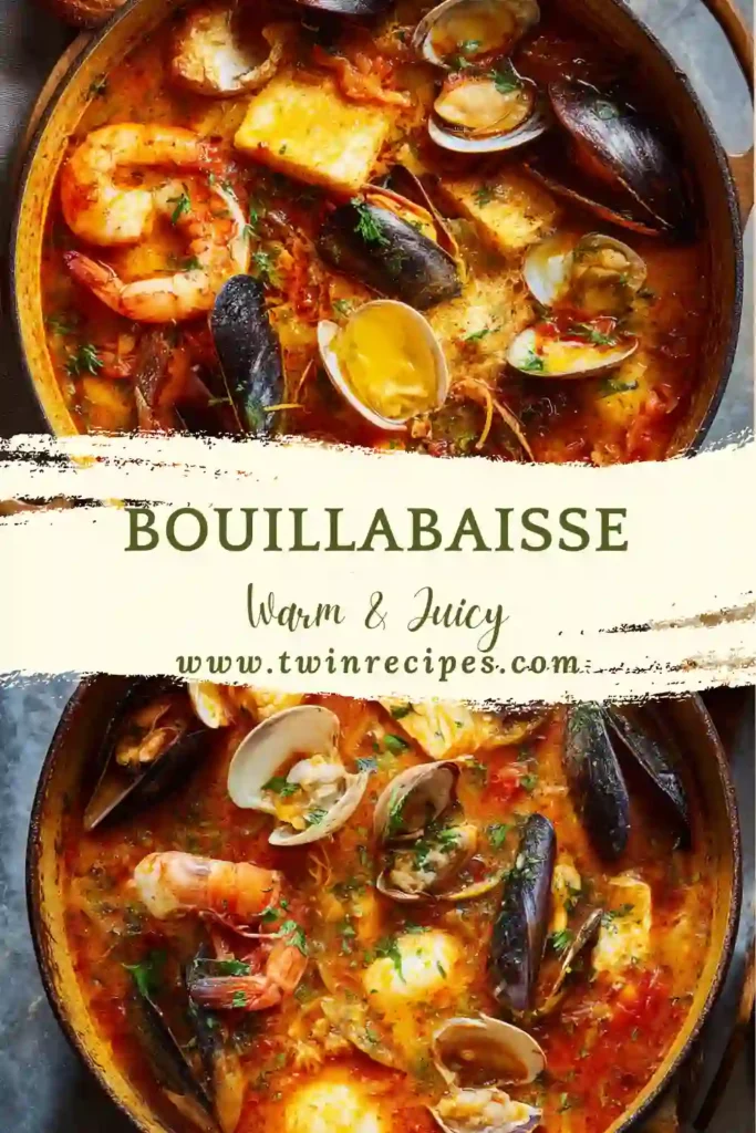 Bowl of Bouillabaisse served with crusty bread and parsley.