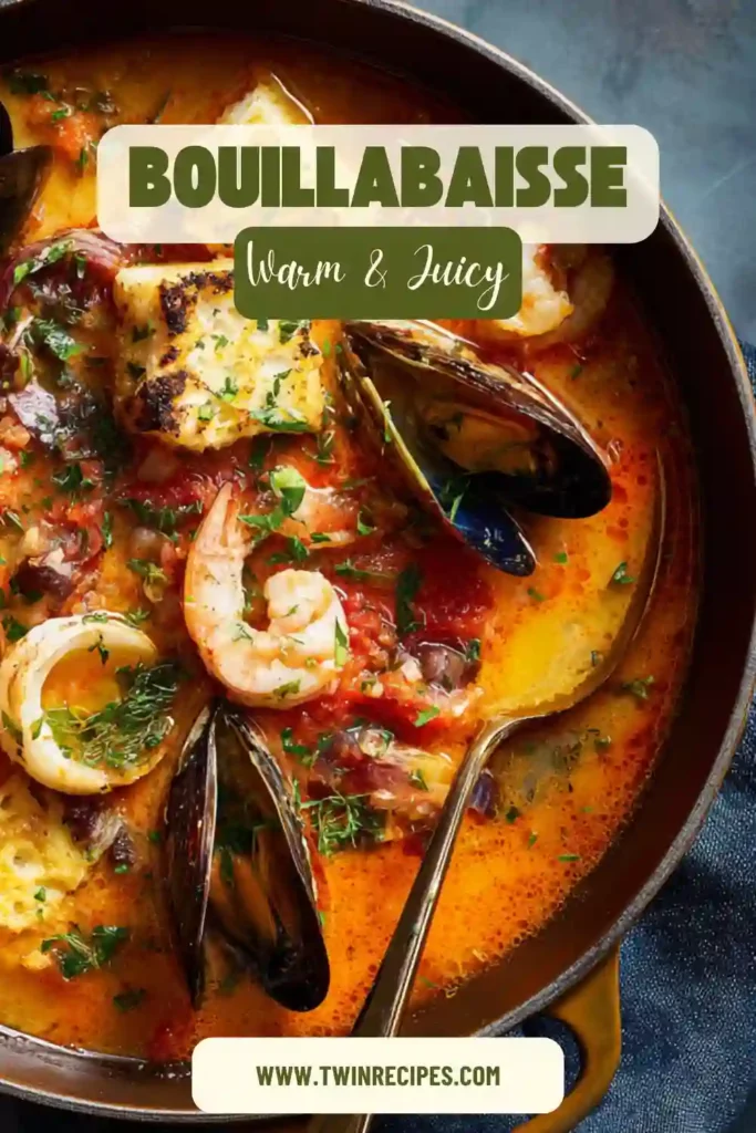 French seafood stew with clams, mussels, and cod in tomato saffron broth.