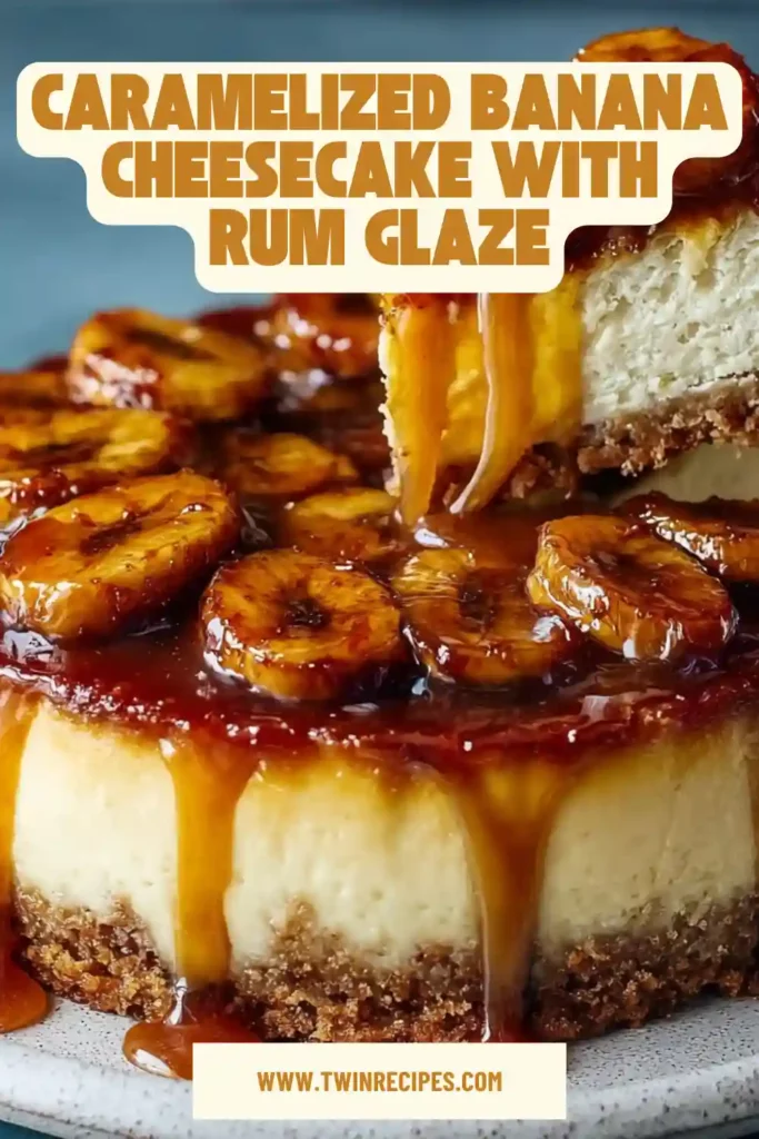 Homemade caramelized banana cheesecake with glossy rum glaze drizzle.