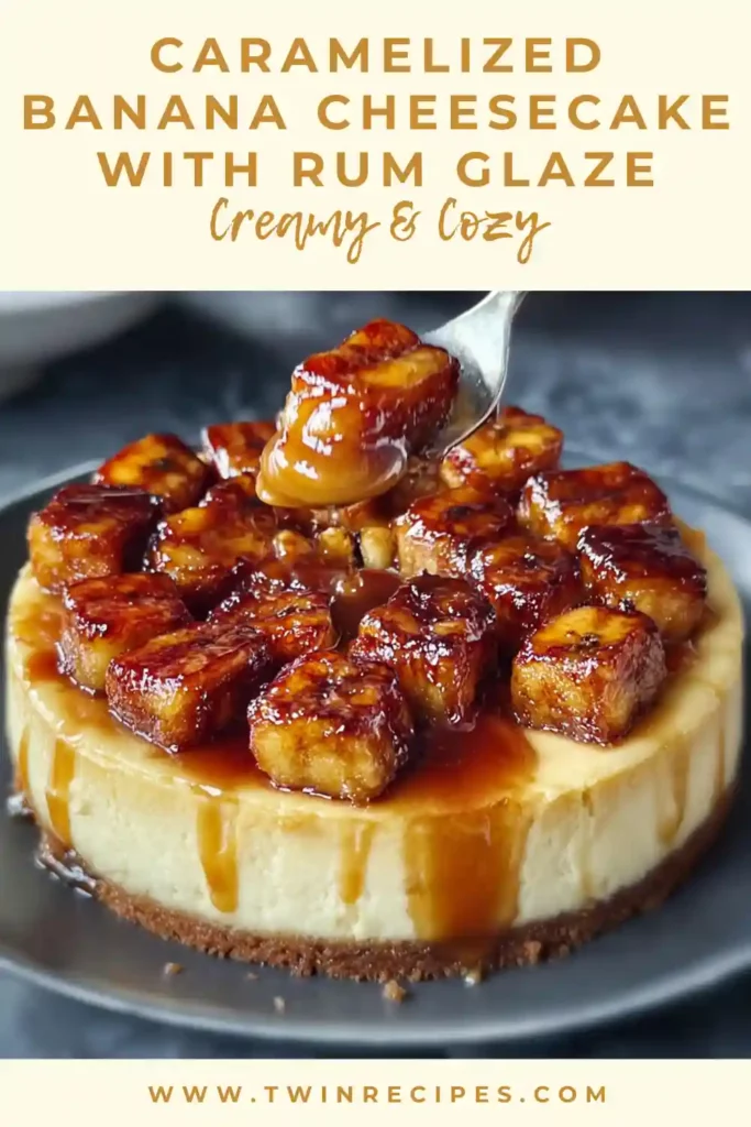 Caramelized banana cheesecake topped with rum glaze and banana slices.