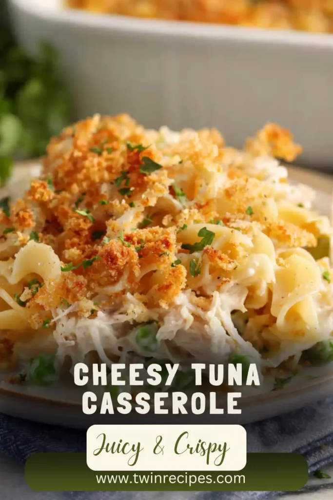 Easy cheesy tuna casserole baked until golden and bubbly.