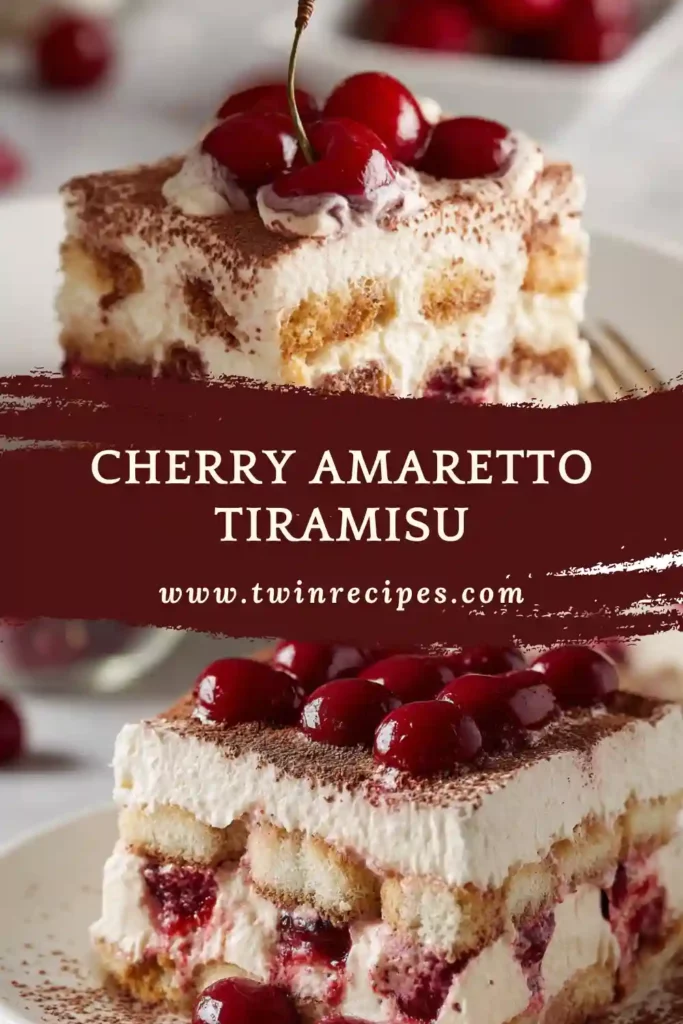 Cherry Amaretto Tiramisu layered with mascarpone cream and cherries.