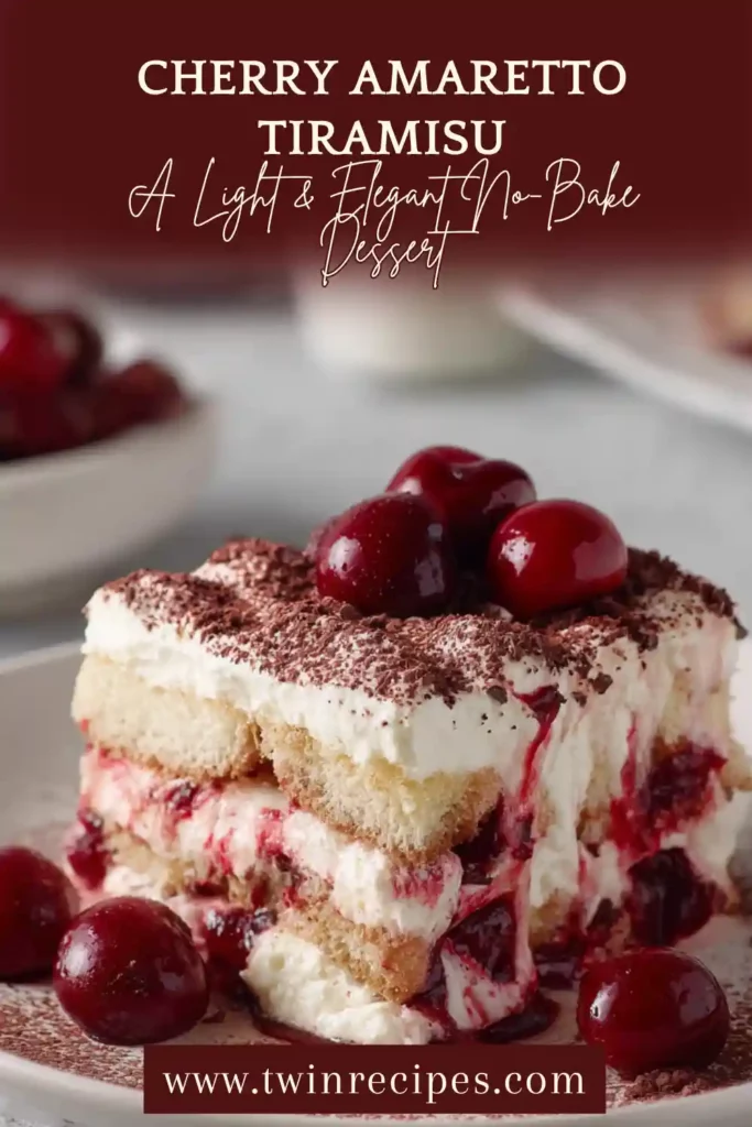 Elegant no-bake cherry tiramisu with Amaretto and cocoa dusting.