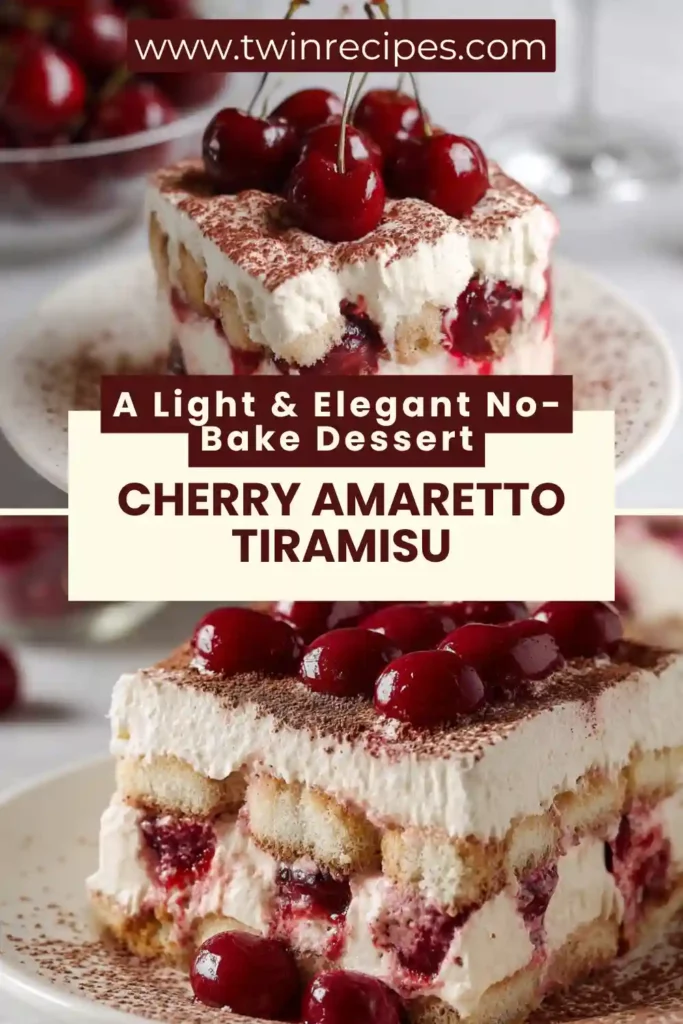 Slice of creamy cherry almond tiramisu on a dessert plate.