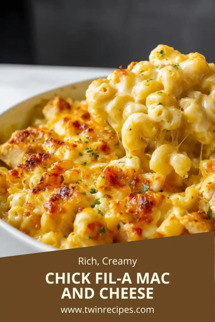 Creamy Chick Fil A mac and cheese baked in a casserole dish.