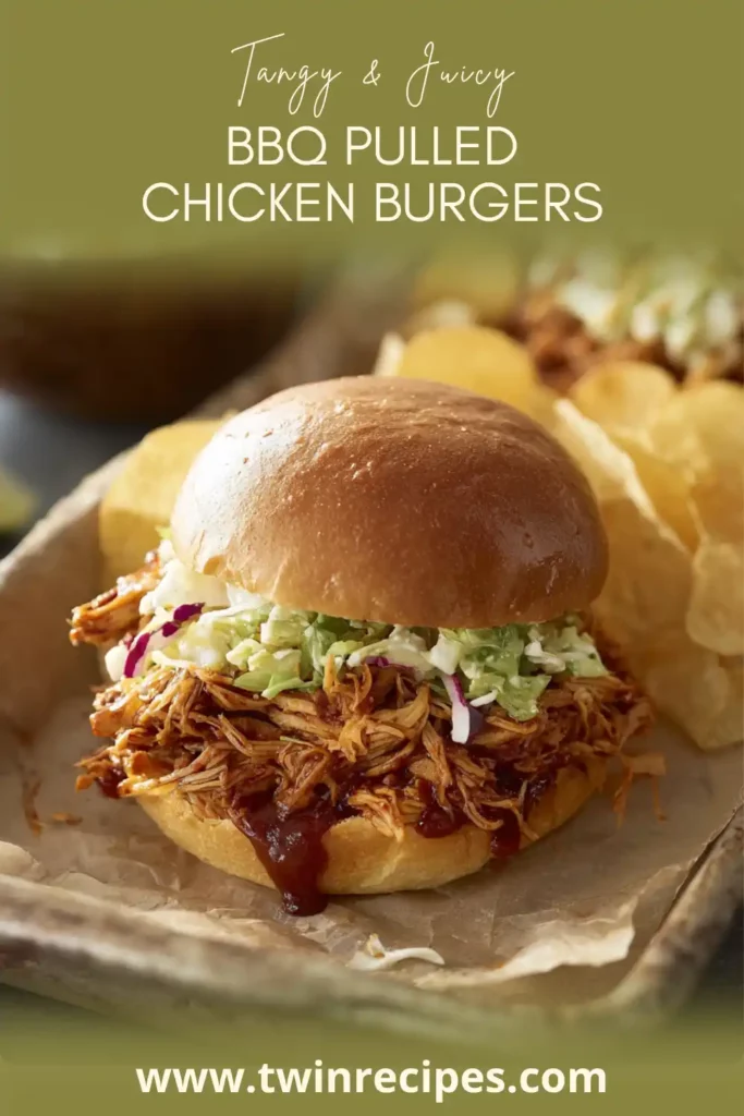Easy BBQ chicken burger topped with creamy slaw and pickles.