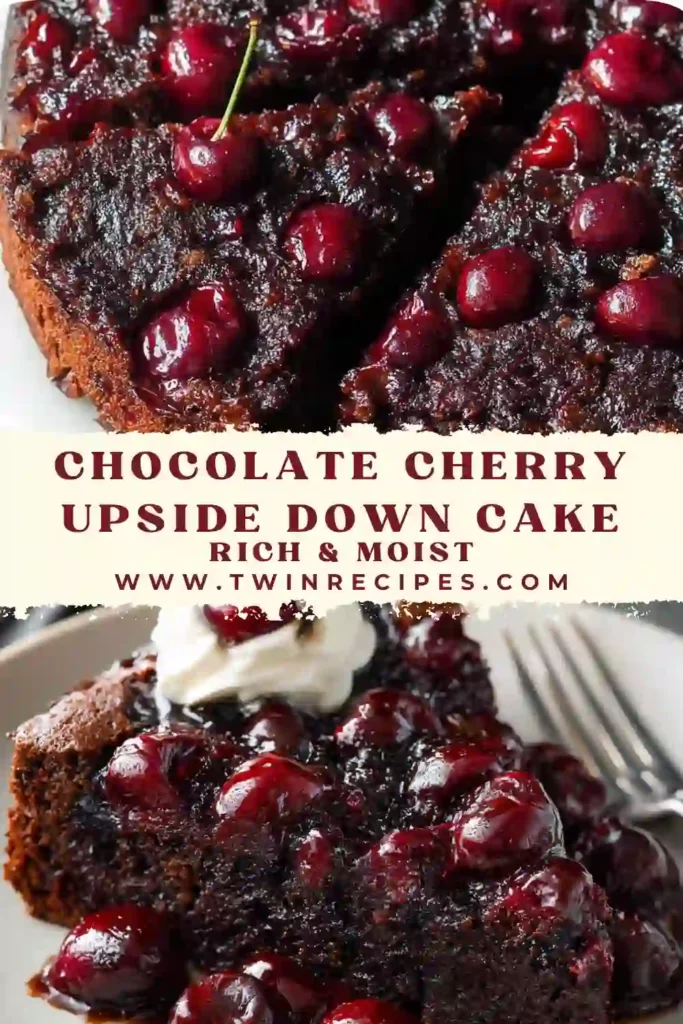 Slice of chocolate cake with cherry topping and rich chocolate crumb.