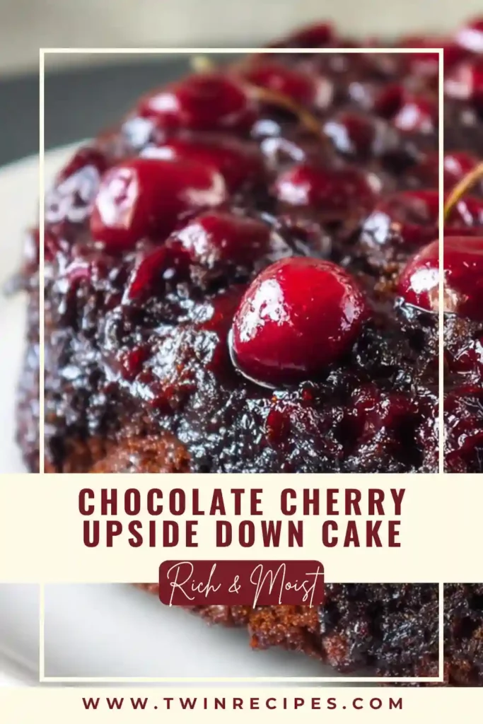 Overhead view of a dark chocolate cake with cherry glaze.