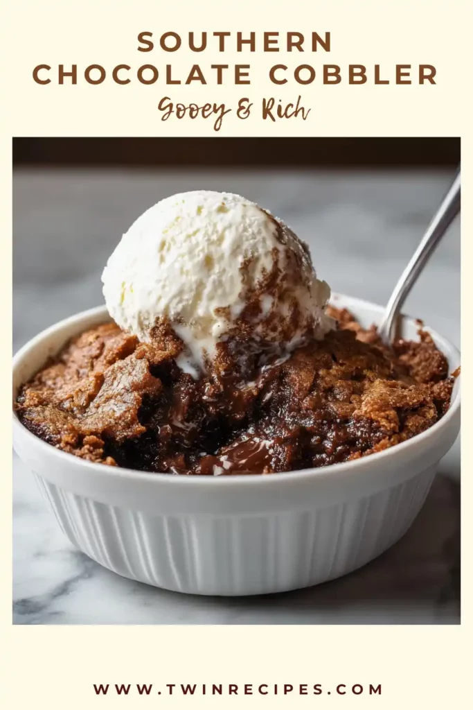Southern Chocolate Cobbler with melted chocolate and vanilla ice cream.